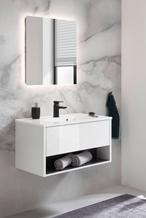 Badm�bel Set Glide in wei� Hochglanz und grau mit Waschbecken und LED Beleuchtung 80 x 190 cm