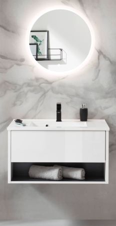 Badm�bel Set Glide in wei� Hochglanz und grau mit Waschbecken und LED Beleuchtung 80 x 190 cm