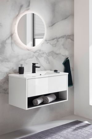 Badm�bel Set Glide in wei� Hochglanz und grau mit Waschbecken und LED Beleuchtung 80 x 190 cm