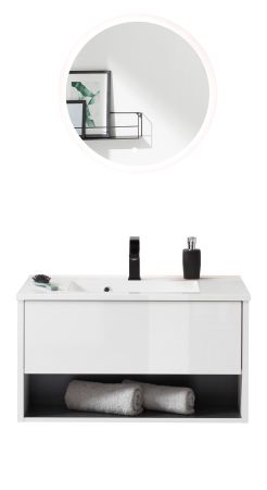 Badm�bel Set Glide in wei� Hochglanz und grau mit Waschbecken und LED Beleuchtung 80 x 190 cm