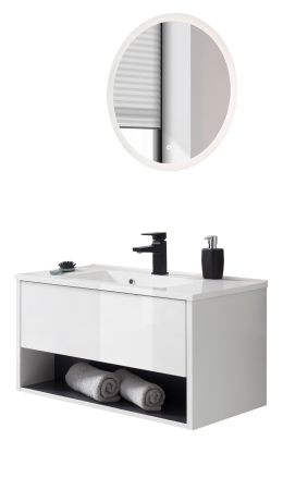 Badm�bel Set Glide in wei� Hochglanz und grau mit Waschbecken und LED Beleuchtung 80 x 190 cm