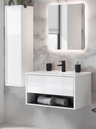 Badm�bel Set Glide in wei� Hochglanz und grau mit Waschbecken und LED Beleuchtung 120 x 190 cm