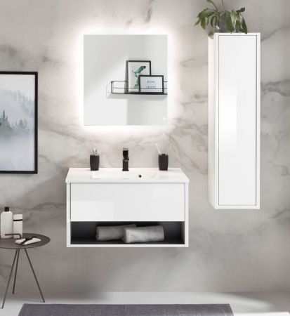 Badm�bel Set Glide in wei� Hochglanz und grau mit Waschbecken und LED Beleuchtung 120 x 190 cm