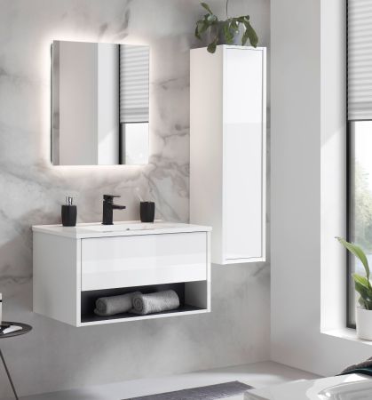 Badm�bel Set Glide in wei� Hochglanz und grau mit Waschbecken und LED Beleuchtung 120 x 190 cm