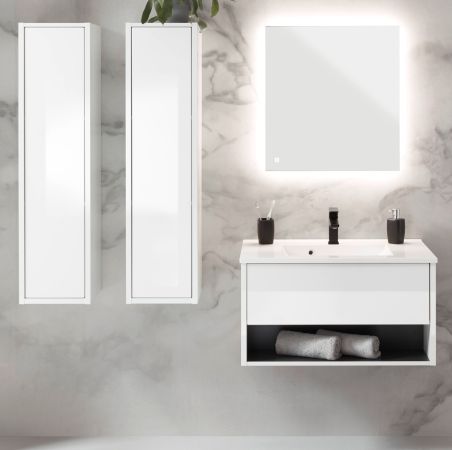 Badm�bel Set Glide in wei� Hochglanz und grau mit Waschbecken und LED Beleuchtung 160 x 190 cm