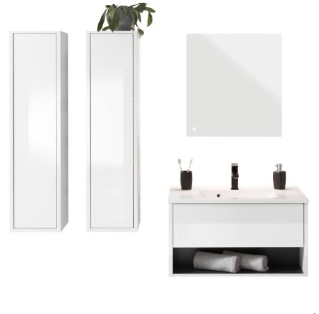 Badm�bel Set Glide in wei� Hochglanz und grau mit Waschbecken und LED Beleuchtung 160 x 190 cm