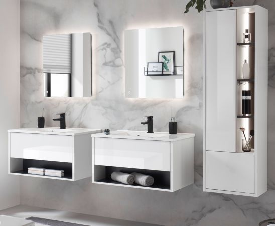 Badm�bel Set Glide in wei� Hochglanz und grau mit Waschbecken und LED Beleuchtung 225 x 190 cm