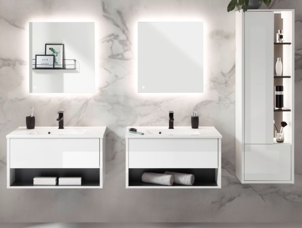 Badm�bel Set Glide in wei� Hochglanz und grau mit Waschbecken und LED Beleuchtung 225 x 190 cm