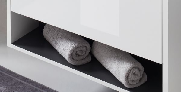 Badm�bel Set Glide in wei� Hochglanz und grau mit Waschbecken und LED Beleuchtung 225 x 190 cm