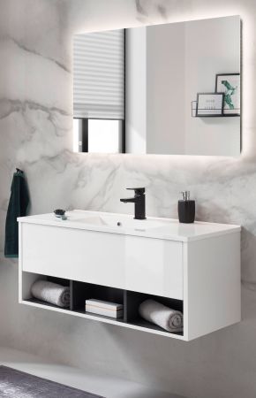 Badm�bel Set Glide in wei� Hochglanz und grau mit Waschbecken und LED Beleuchtung 100 x 190 cm