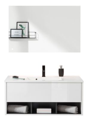 Badm�bel Set Glide in wei� Hochglanz und grau mit Waschbecken und LED Beleuchtung 100 x 190 cm