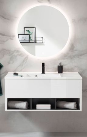 Badm�bel Set Glide in wei� Hochglanz und grau mit Waschbecken und LED Beleuchtung 100 x 190 cm