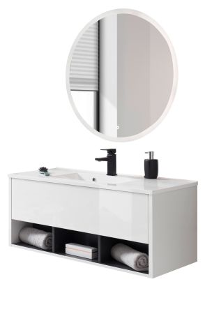 Badm�bel Set Glide in wei� Hochglanz und grau mit Waschbecken und LED Beleuchtung 100 x 190 cm