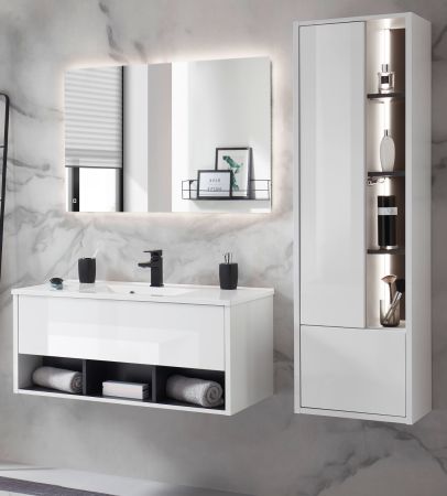 Badm�bel Set Glide in wei� Hochglanz und grau mit Waschbecken und LED Beleuchtung 155 x 190 cm