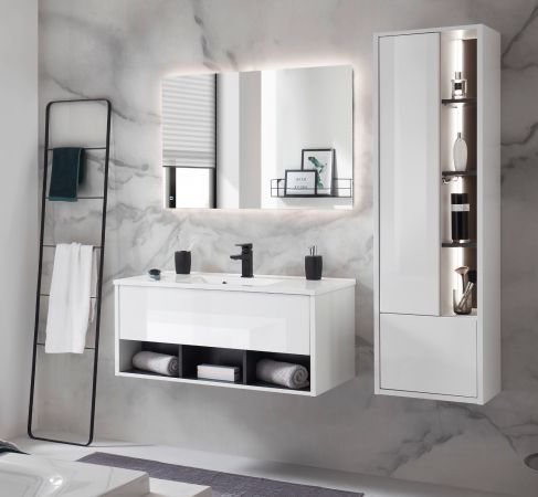 Badm�bel Set Glide in wei� Hochglanz und grau mit Waschbecken und LED Beleuchtung 155 x 190 cm