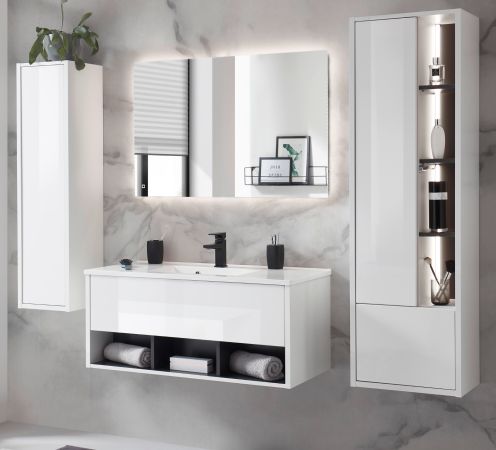 Badm�bel Set Glide in wei� Hochglanz und grau mit Waschbecken und LED Beleuchtung 195 x 190 cm