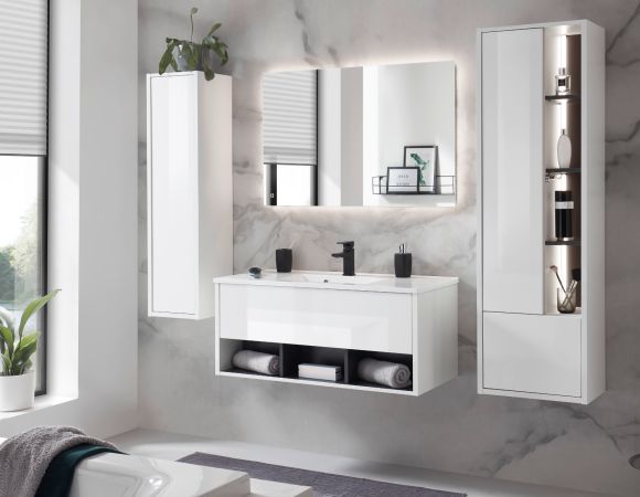 Badm�bel Set Glide in wei� Hochglanz und grau mit Waschbecken und LED Beleuchtung 195 x 190 cm