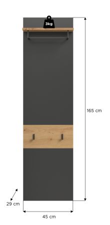 Garderobenpaneel Cooper in grau und Artisan Eiche Wandgarderobe 45 x 165 cm