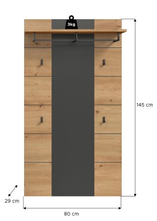 Garderobenpaneel Cooper in Artisan Eiche und grau Wandgarderobe 80 x 141 cm
