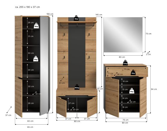 Garderobe Set 5-teilig Cooper in Artisan Eiche und grau 255 cm, Soft-Close