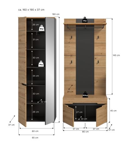 Garderobe Set 3-teilig Cooper in Artisan Eiche und grau 160 cm, Soft-Close
