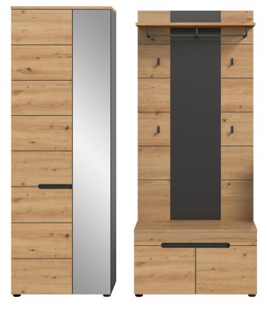Garderobe Set 3-teilig Cooper in Artisan Eiche und grau 160 cm, Soft-Close
