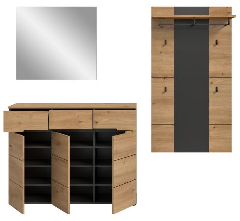 Garderobe Set 3-teilig Cooper in Artisan Eiche und grau 215 cm, Soft-Close
