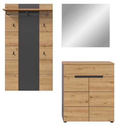 Garderobe Set 3-teilig Cooper in Artisan Eiche und grau 175 cm, Soft-Close