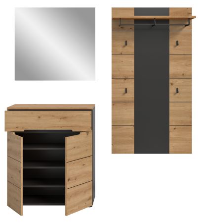 Garderobe Set 3-teilig Cooper in Artisan Eiche und grau 175 cm, Soft-Close