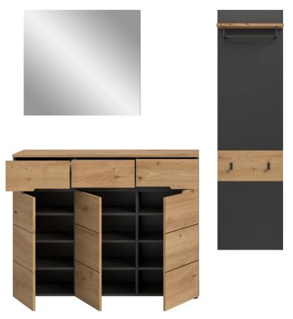Garderobe Set 3-teilig Cooper in Artisan Eiche und Grau 180 cm, Soft-Close