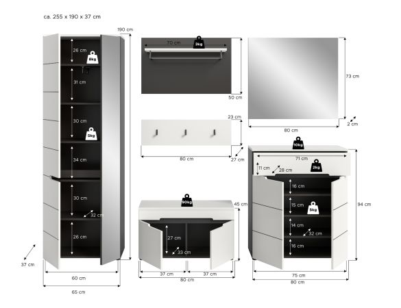 Garderobe Set 6-teilig Cooper Wei� und Basalt Grau 255 x 190 cm, Soft-Close