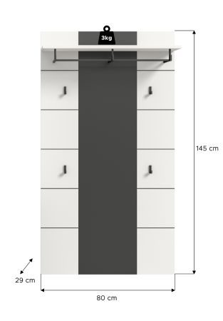 Garderobenpaneel Cooper in Wei� und Basalt Grau, Wandgarderobe 80 x 141 cm