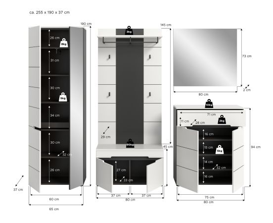 Garderobe Set 5-teilig Cooper in Wei� und Basalt Grau, Komplett-Set 255 cm mit Soft-Close