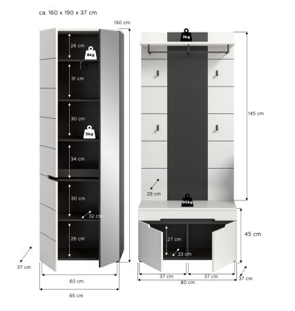 Garderobe Set 3-teilig Cooper in Wei� und Basalt Grau 160 cm, Soft-Close