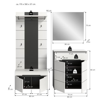 Garderobe Set 4-teilig Cooper in Wei� und Basalt Grau 175 cm, Soft-Close