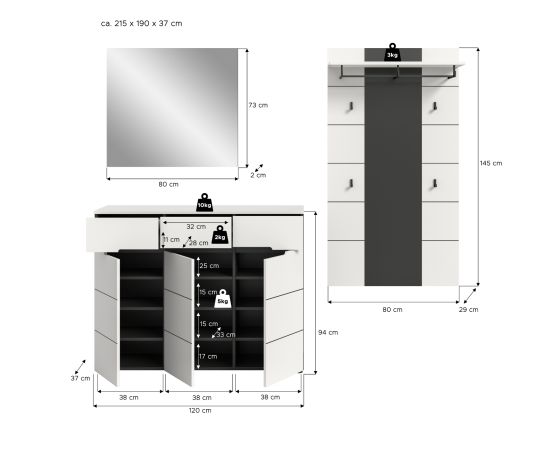 Garderobe Set 3-teilig Cooper in Wei� und Basalt Grau 215 cm, Soft-Close und Vollauszug