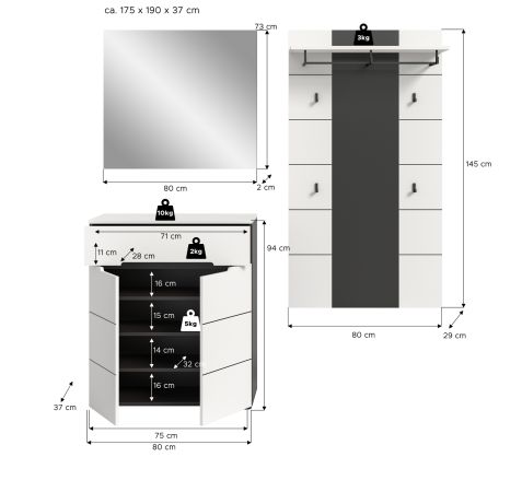 Garderobe Set 3-teilig Cooper in wei� und grau 175 cm, Soft-Close