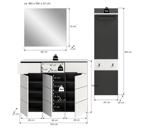 Garderobe Set 3-teilig Cooper in wei� und grau 180 cm, Soft-Close