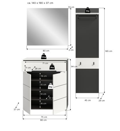 Garderobe Set 3-teilig Cooper in wei� und grau 140 cm, Soft-Close
