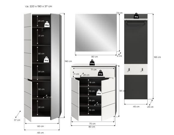 Garderobe Set 4-teilig Cooper in wei� und grau 220 cm, Soft-Close