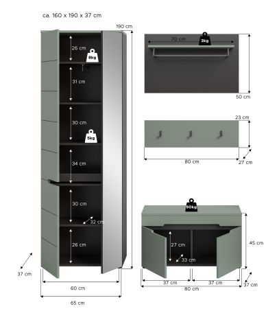 Garderobe Set 4-teilig Cooper in Salbei Gr�n und Basalt Grau 160 cm, Soft-Close