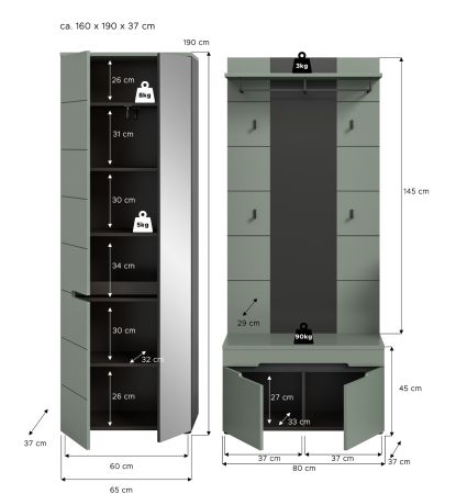 Garderobe Set 3-teilig Cooper in Salbei und Grau 160 cm, Soft-Close