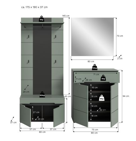 Garderobe Set 4-teilig Cooper in Salbei und Grau 175 cm, Soft-Close