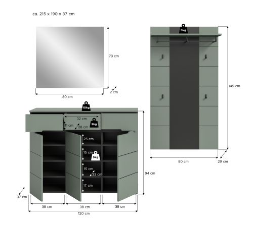 Garderobe Set 3-teilig Cooper in Salbei und Grau 215 cm, Soft-Close