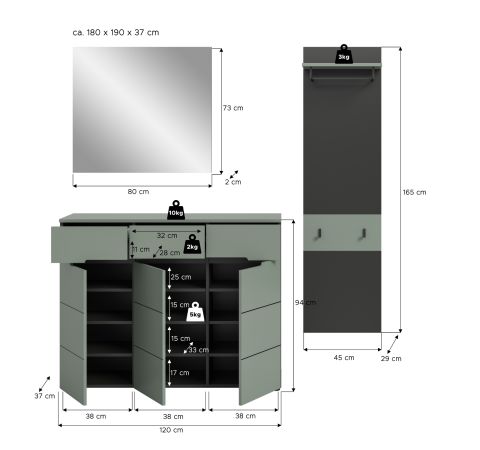 Garderobe Set 3-teilig Cooper in salbei und grau 180 cm, Soft-Close