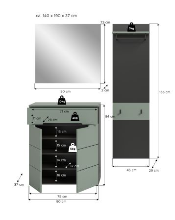 Garderobe Set 3-teilig Cooper in salbei und grau 140 cm, Soft-Close