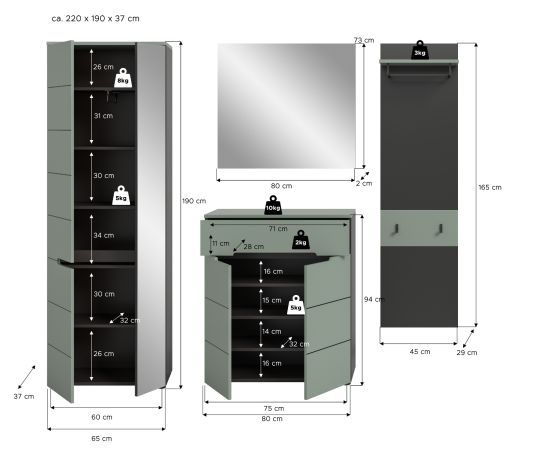 Garderobe Set 4-teilig Cooper in Salbei und Grau 220 cm, Soft-Close