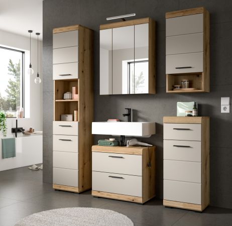 Badezimmer Kommode Shawn in Sand Kashmir und Evoke Eiche Badschrank 37 x 88 cm