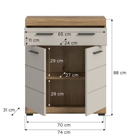 Badezimmer Kommode Shawn in Sand Kashmir und Evoke Eiche Badschrank 74 x 88 cm