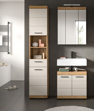 Waschbeckenunterschrank Shawn in Sand Kashmir und Evoke Eiche Badezimmer Unterschrank 60 cm